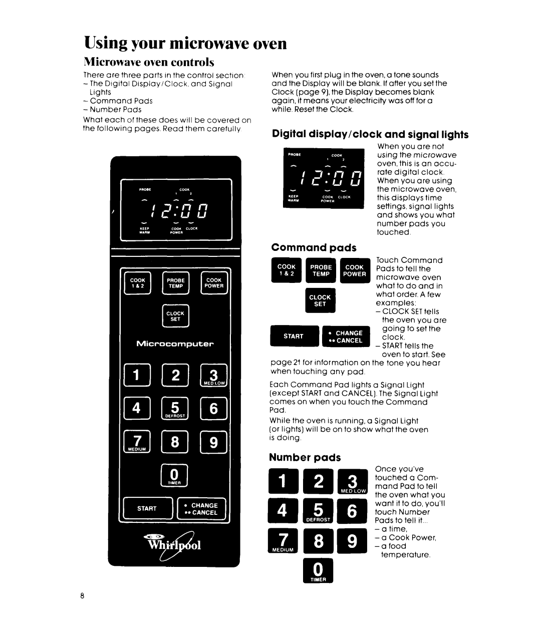 Whirlpool MW3500XM manual Using your microwave oven, Microwave oven controls, Digital display/clock and signal lights 