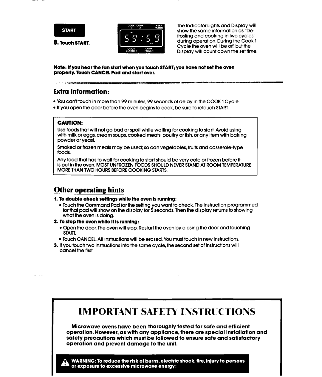 Whirlpool MW3500XS manual Other operating hints, Extra Information, To double check sefflngr while the oven Is running 