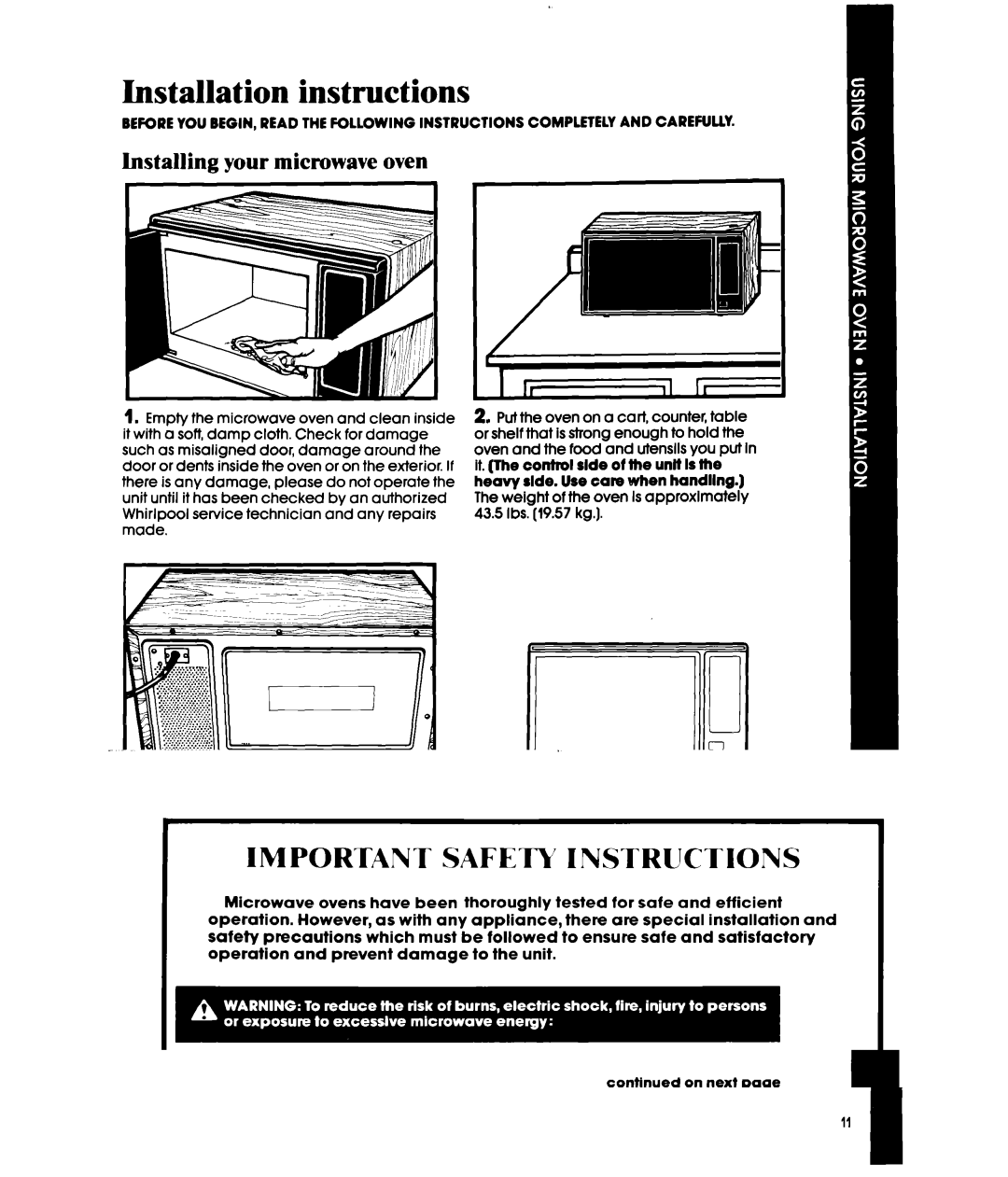 Whirlpool MW3500XS manual Installation instructions, Installing your microwave oven, ’i.~.‘~~.~~.~.C~.~.~ 