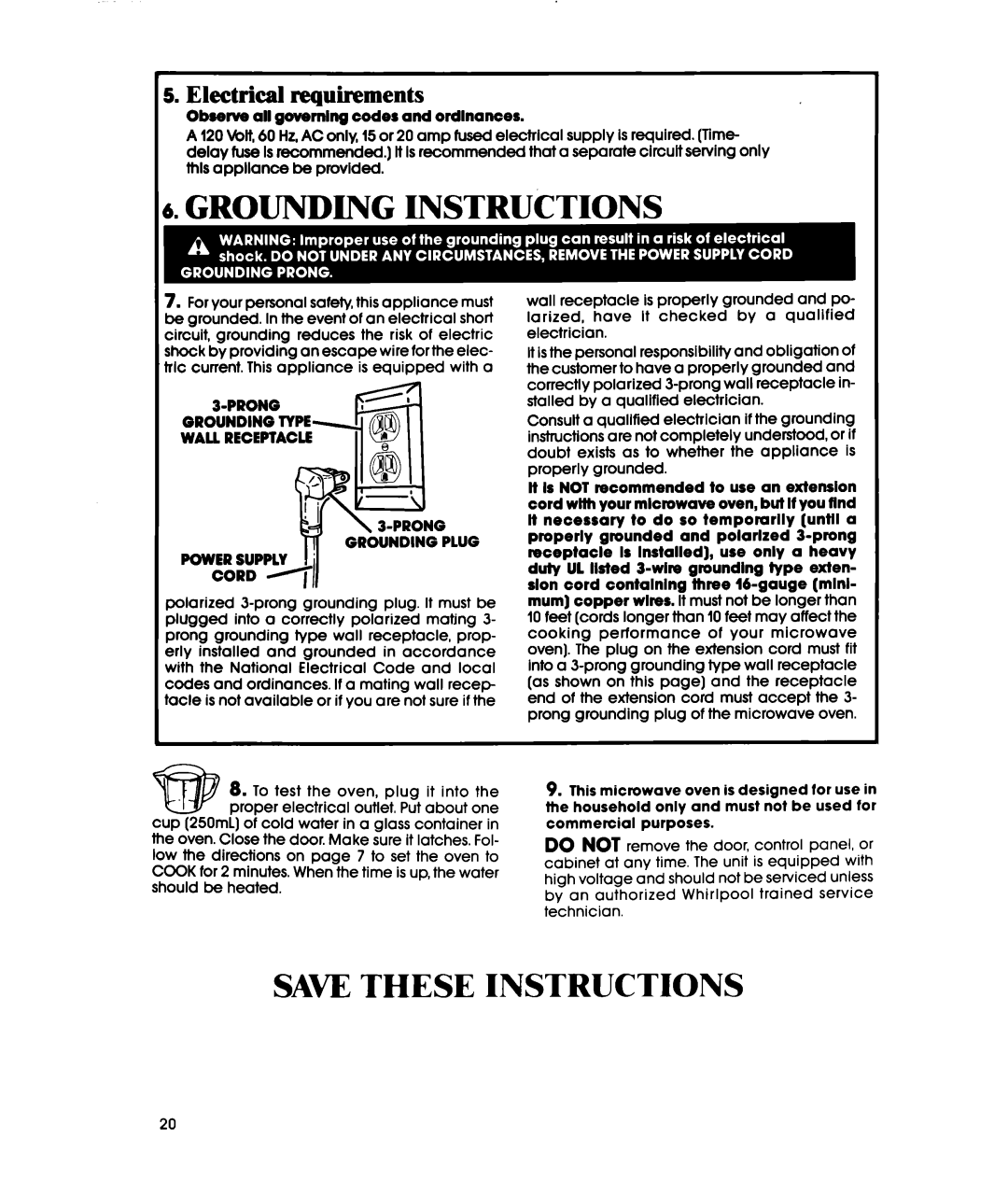 Whirlpool MW3500XS Grounding Instructions, Electrical requirements, Observe all governing codes and ordinances, ROpw5j 