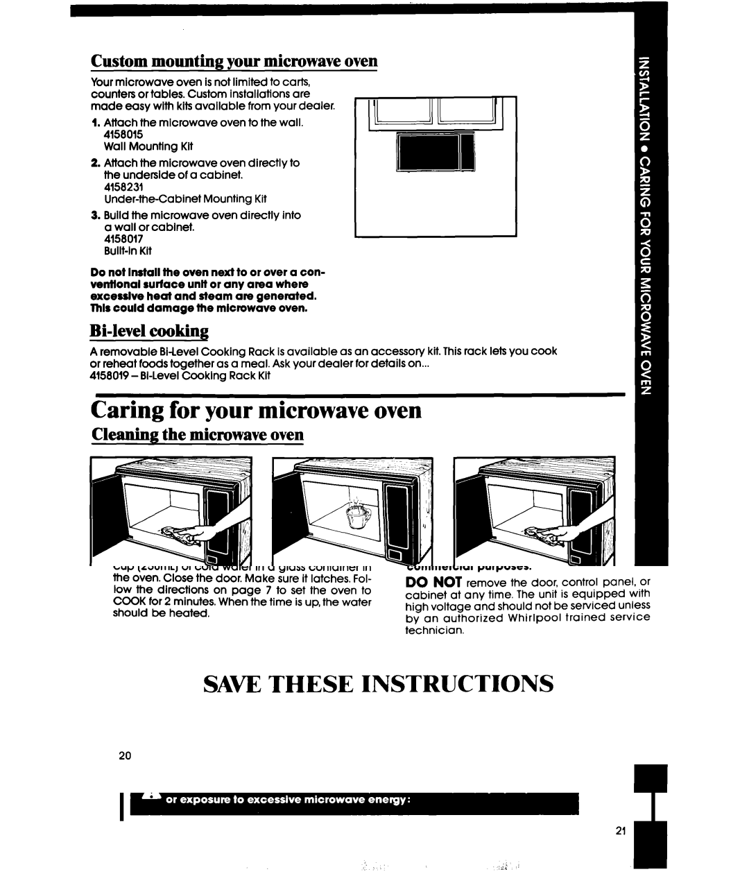 Whirlpool MW3500XS manual Caring for your microwave oven, Custom mounting your microwave oven, Bi-level cooking 