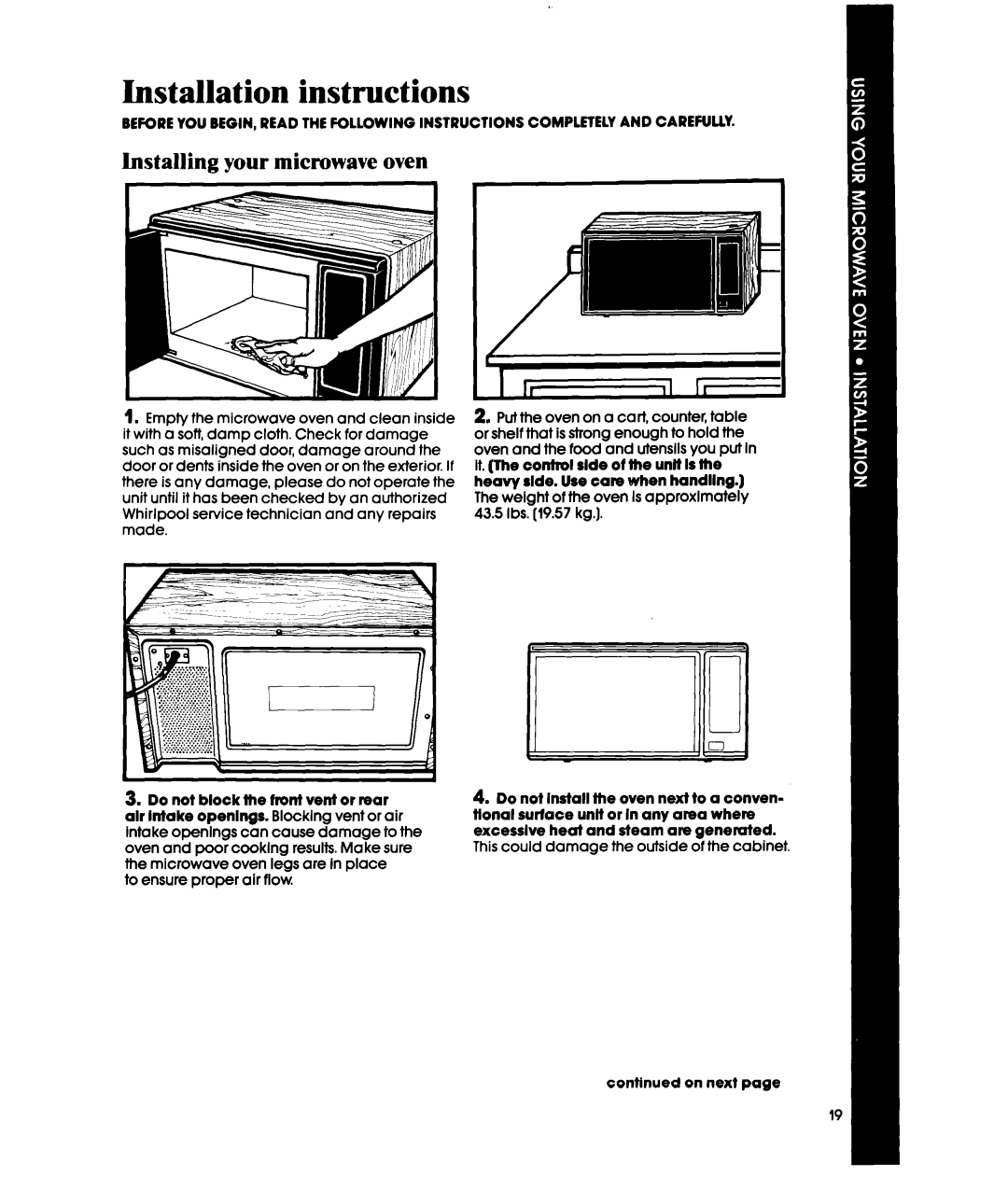 Whirlpool MW3500XS manual Installation instructions, Installing your microwave oven, I’i.~.‘~~.~~.~.C~.~.~ B ““------“I It 
