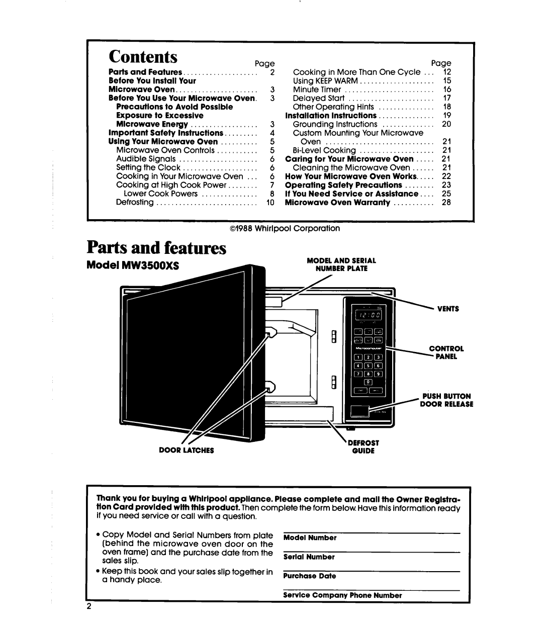 Whirlpool MW3500XS manual Parts and features, Contents 