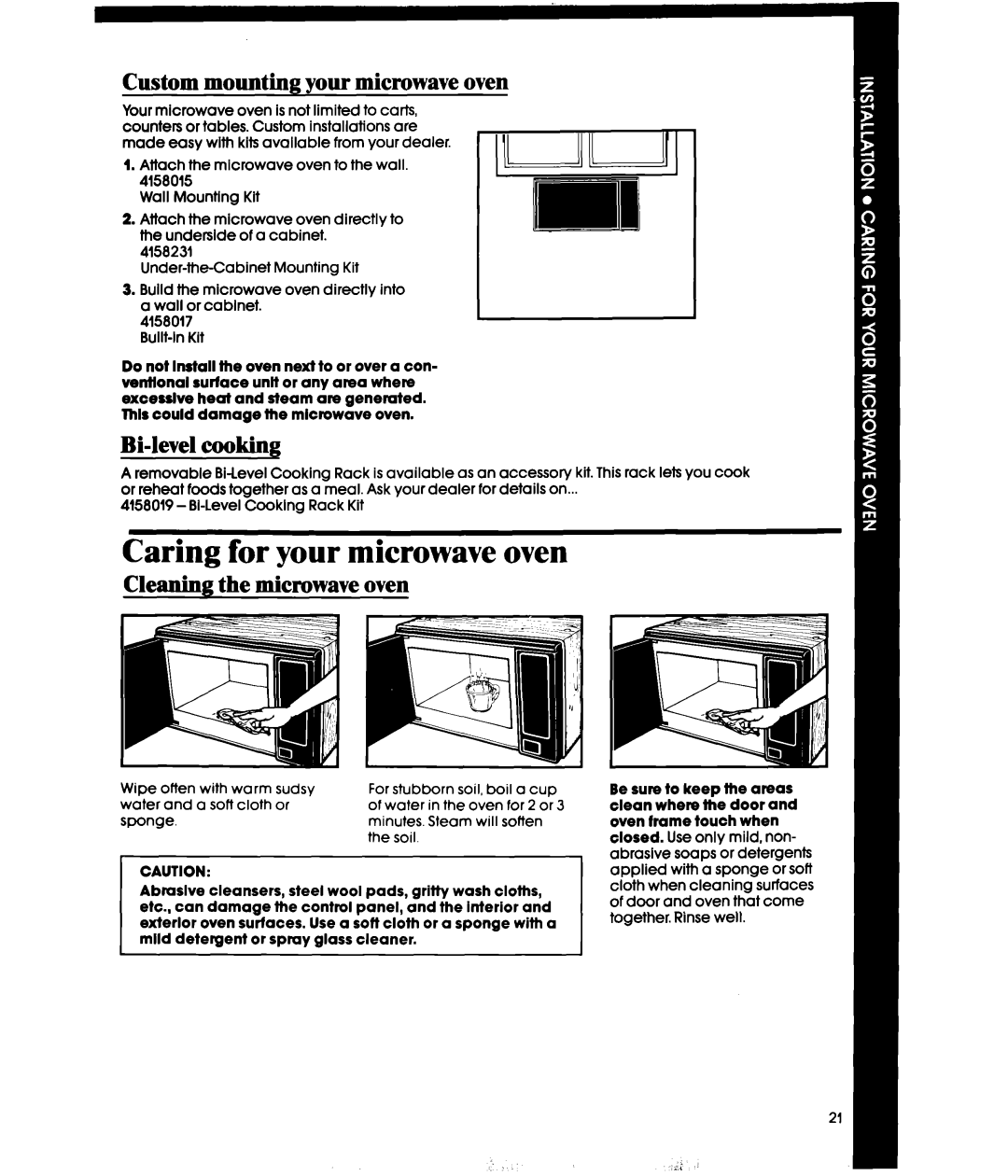 Whirlpool MW3500XS manual Caring for your microwave oven, Custom mounting your microwave oven, Bi-levelcooking 