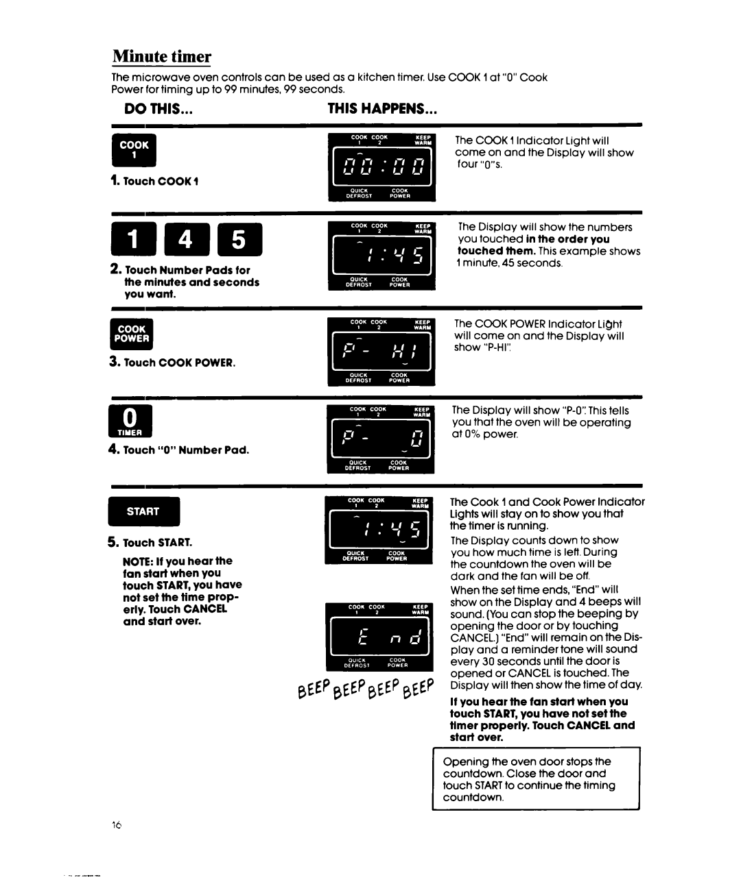 Whirlpool MW3500XW manual Minute timer 