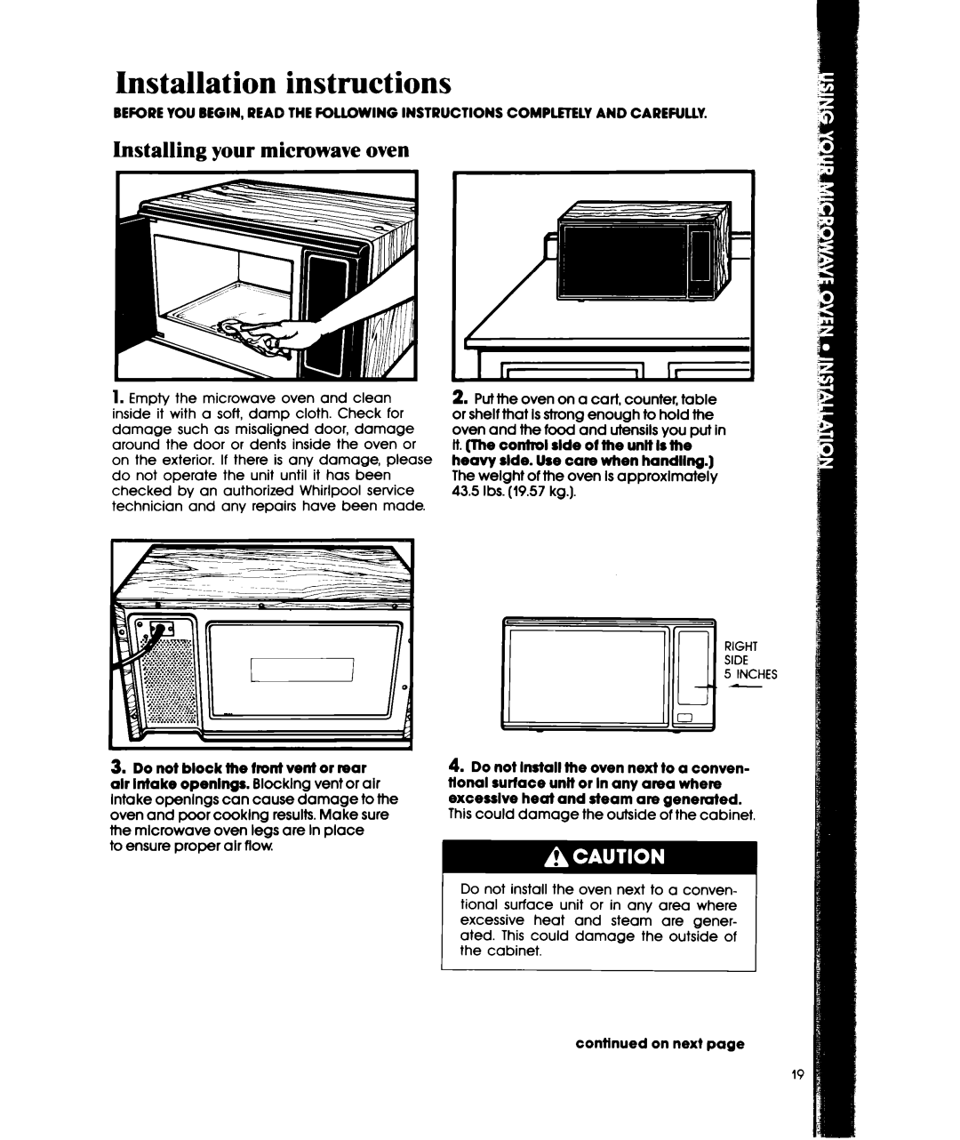 Whirlpool MW3500XW manual Installation instructions, Installing your microwave oven 