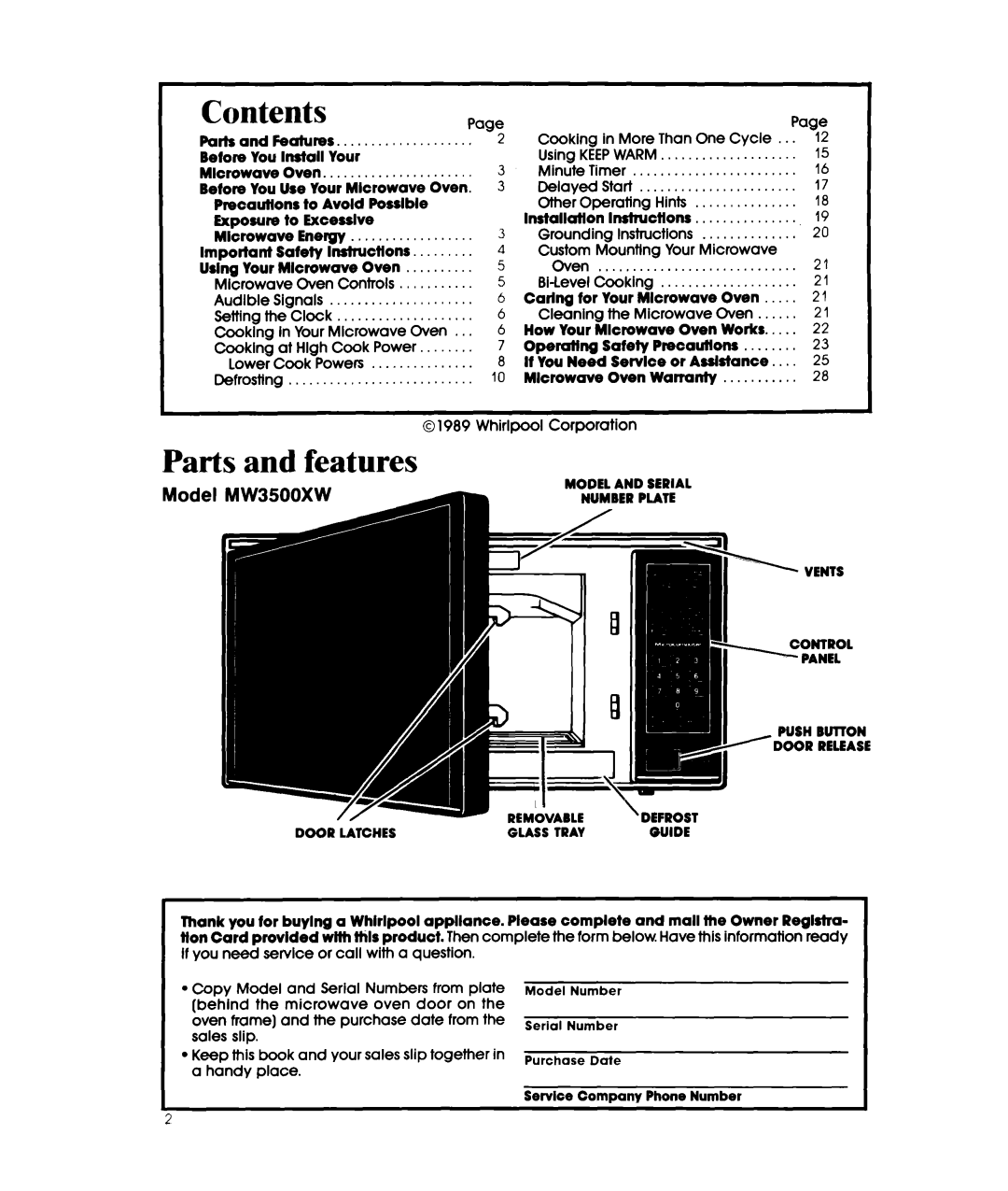 Whirlpool MW3500XW manual Parts and features, Contents 