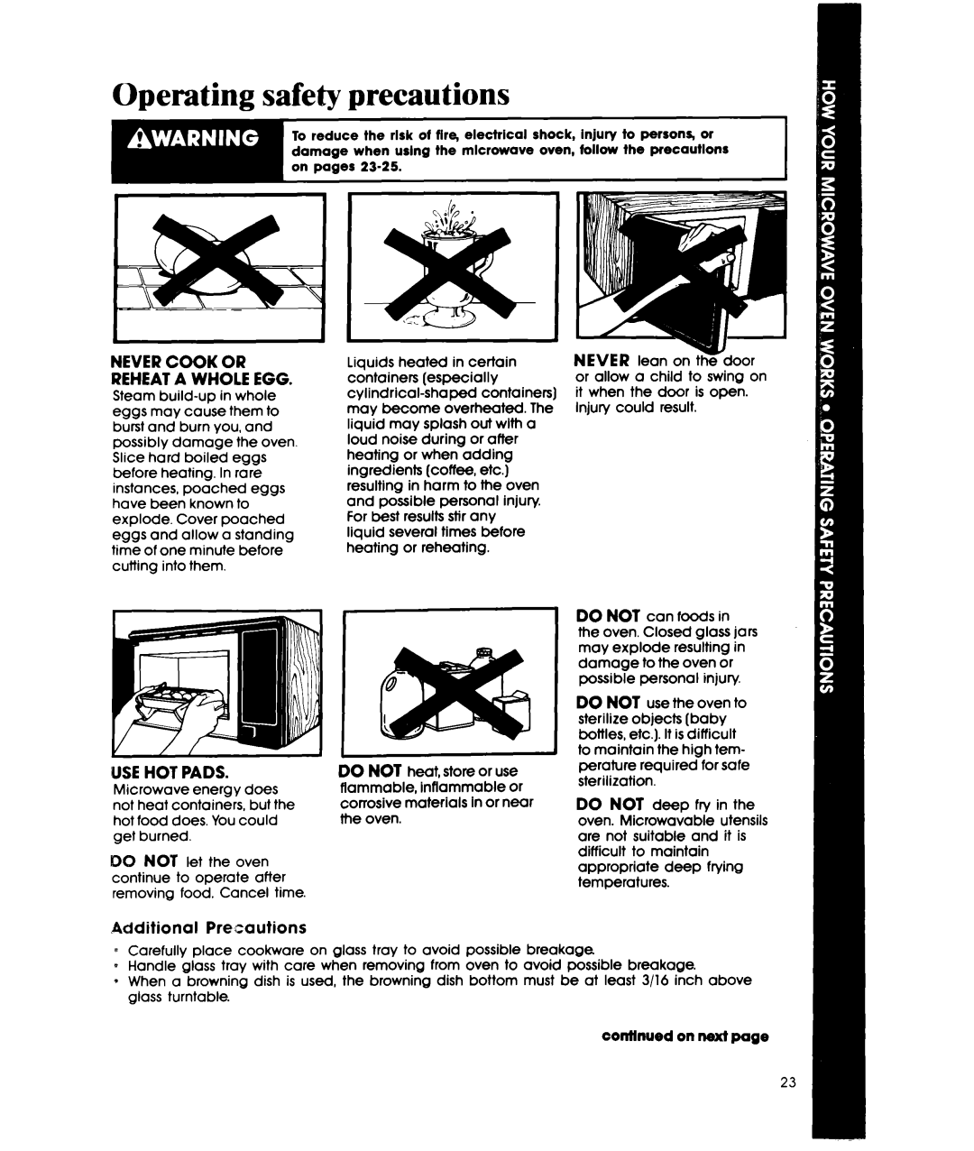 Whirlpool MW3500XW manual Operating safety precautions, Never Cook or Reheat a Whole EGG 