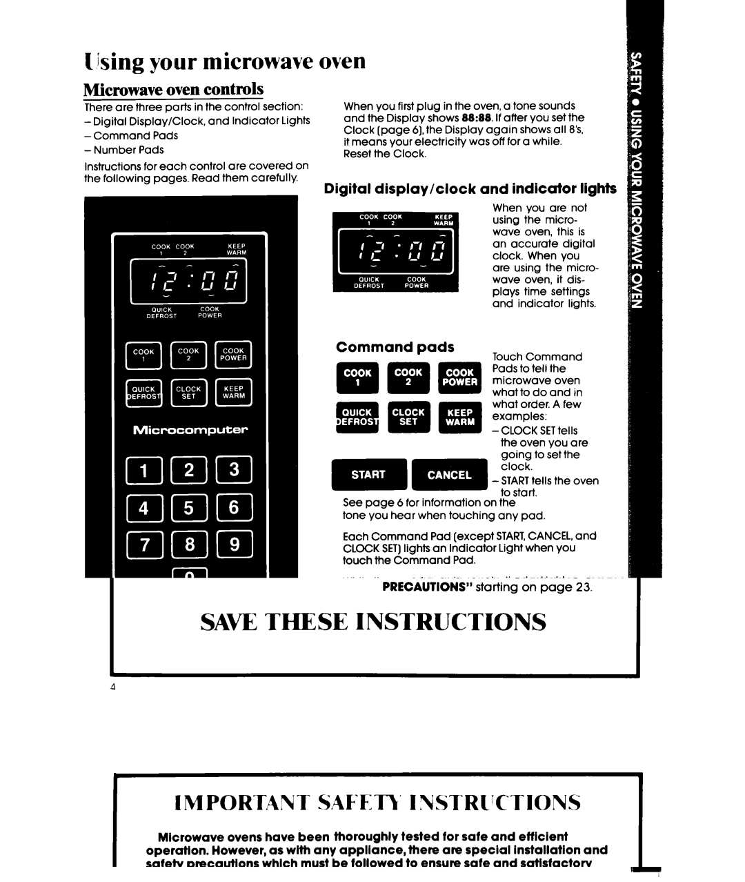 Whirlpool MW3500XW manual Microwave oven controls, Digital display/clock and indicator lights Command Dads, Number pads 