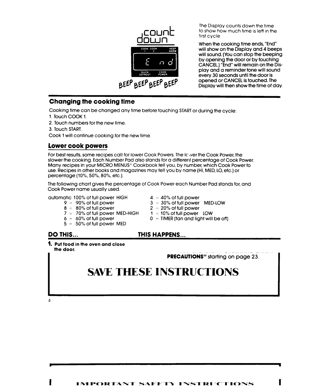 Whirlpool MW3500XW manual Changing the cooking time, Lower cook powers 