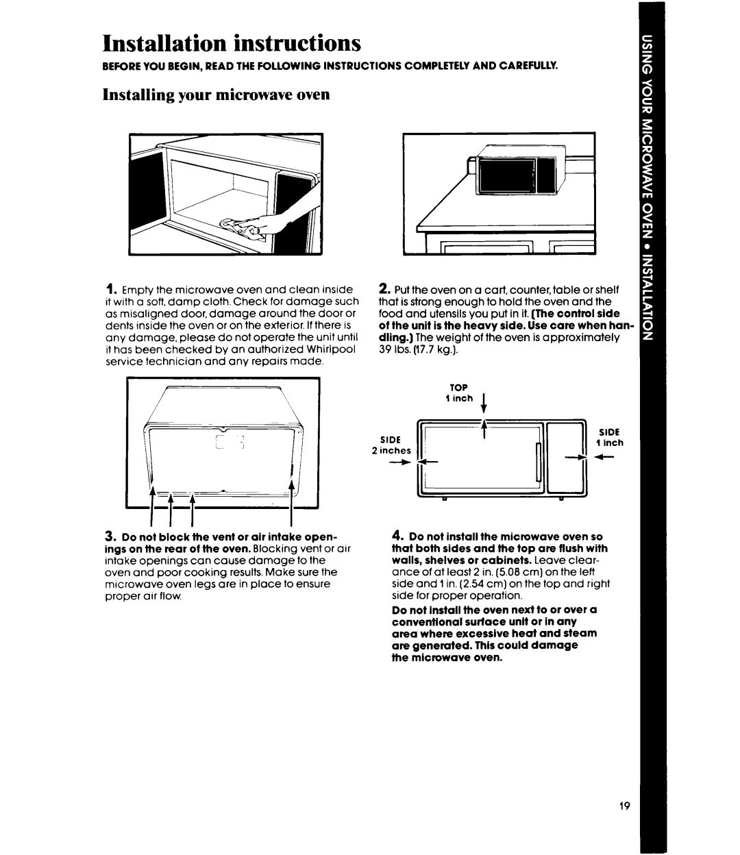 Whirlpool MW3520XP, MW352EXP manual Installation instructions, Installing your microwave oven 