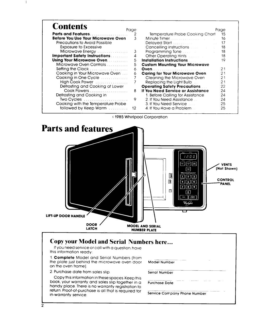 Whirlpool MW352EXP, MW3520XP manual Part s, Contents 