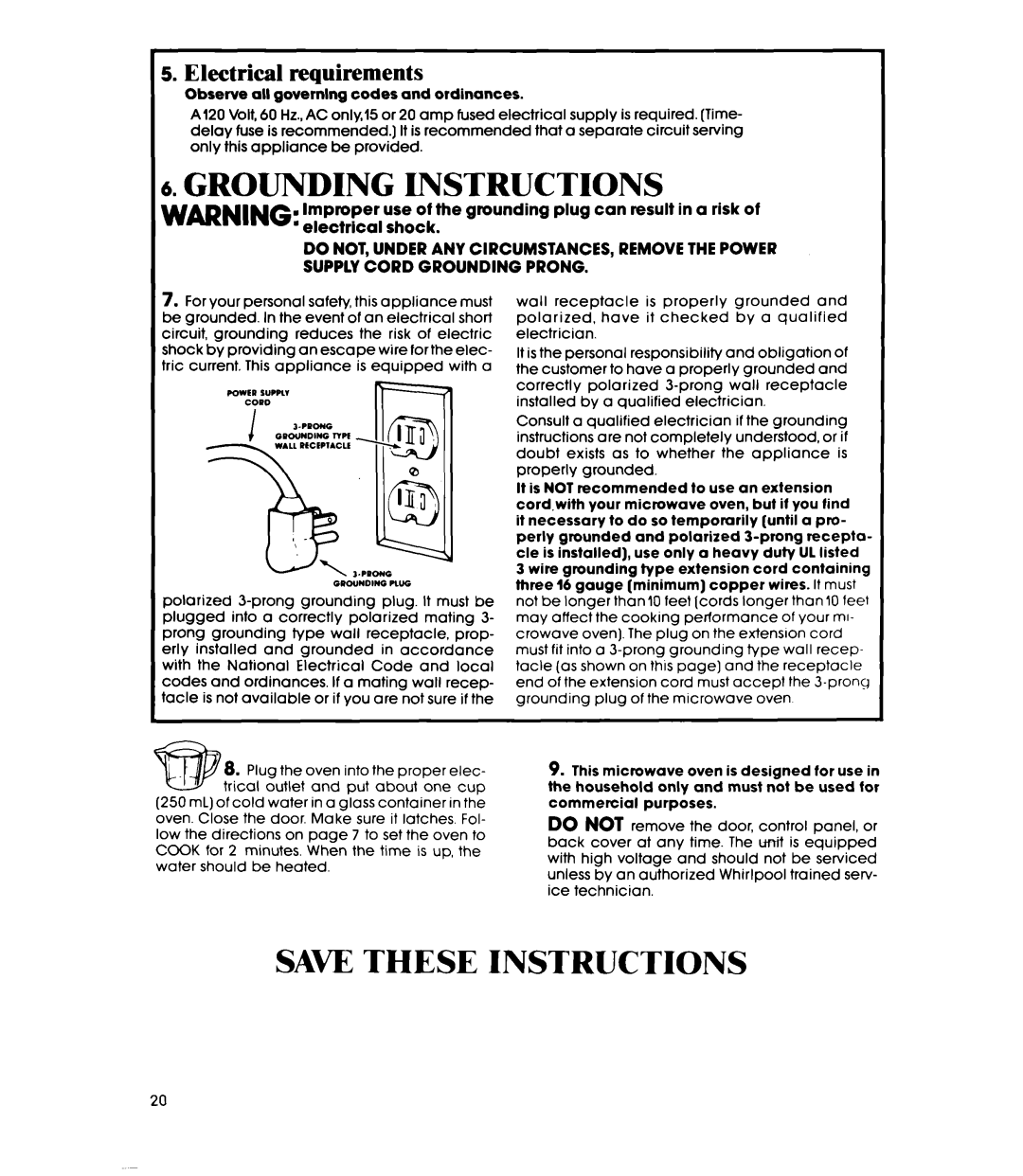 Whirlpool MW352EXP, MW3520XP manual Grounding Instructions, Electrical requirements 