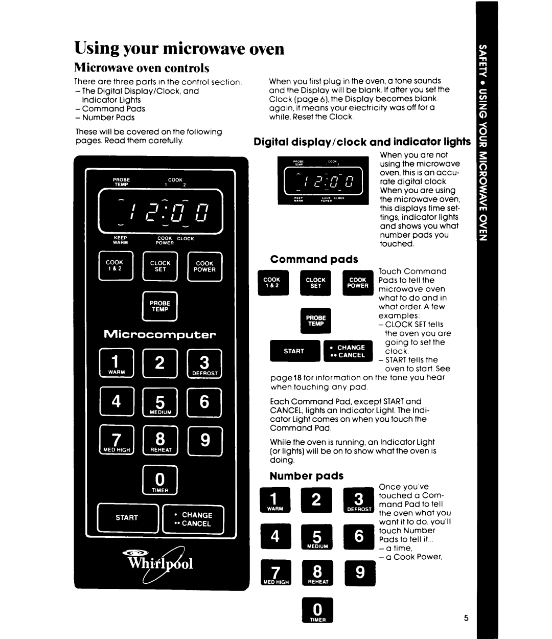 Whirlpool MW3520XP Using your microwave oven, Microwave oven controls, Digital display/clock and indicator, Command pads 