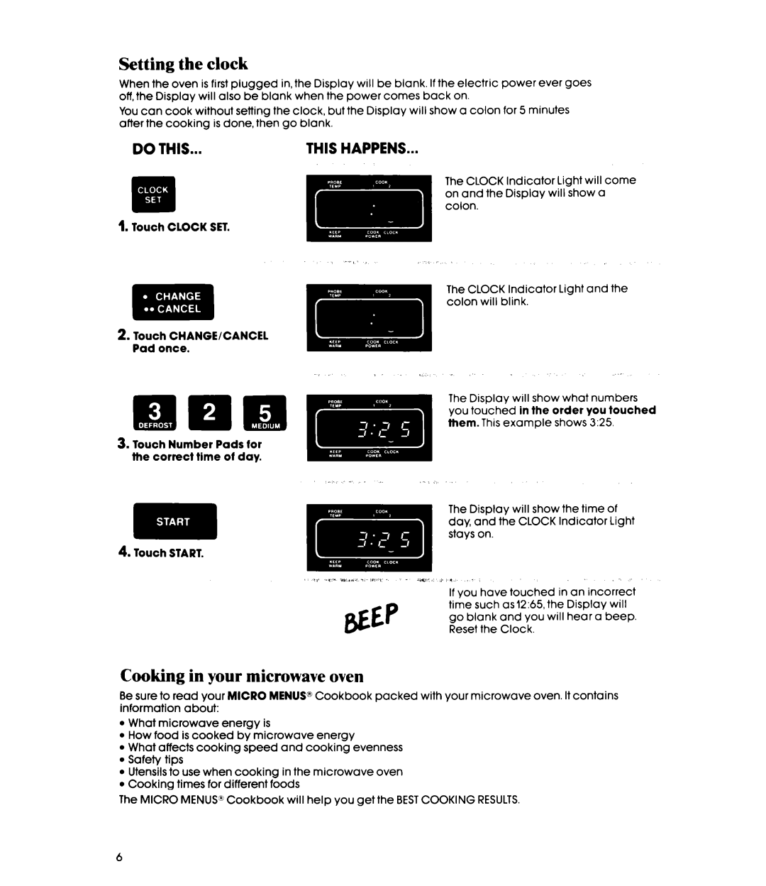 Whirlpool MW352EXP, MW3520XP manual Setting the clock, Cooking in your microwave oven, Bill 