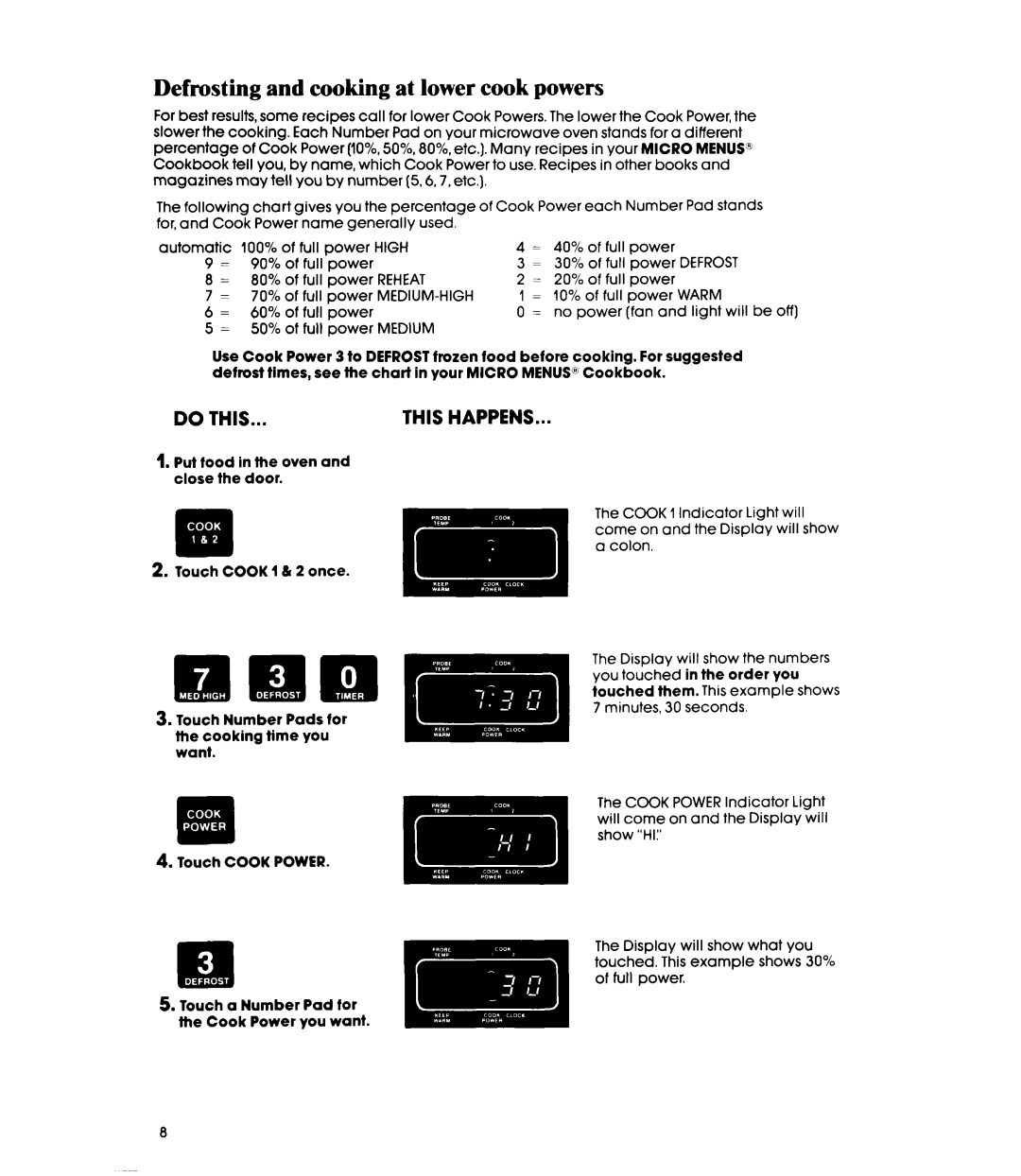 Whirlpool MW352EXP, MW3520XP manual Defrosting and cooking at lower cook powers, Medium 