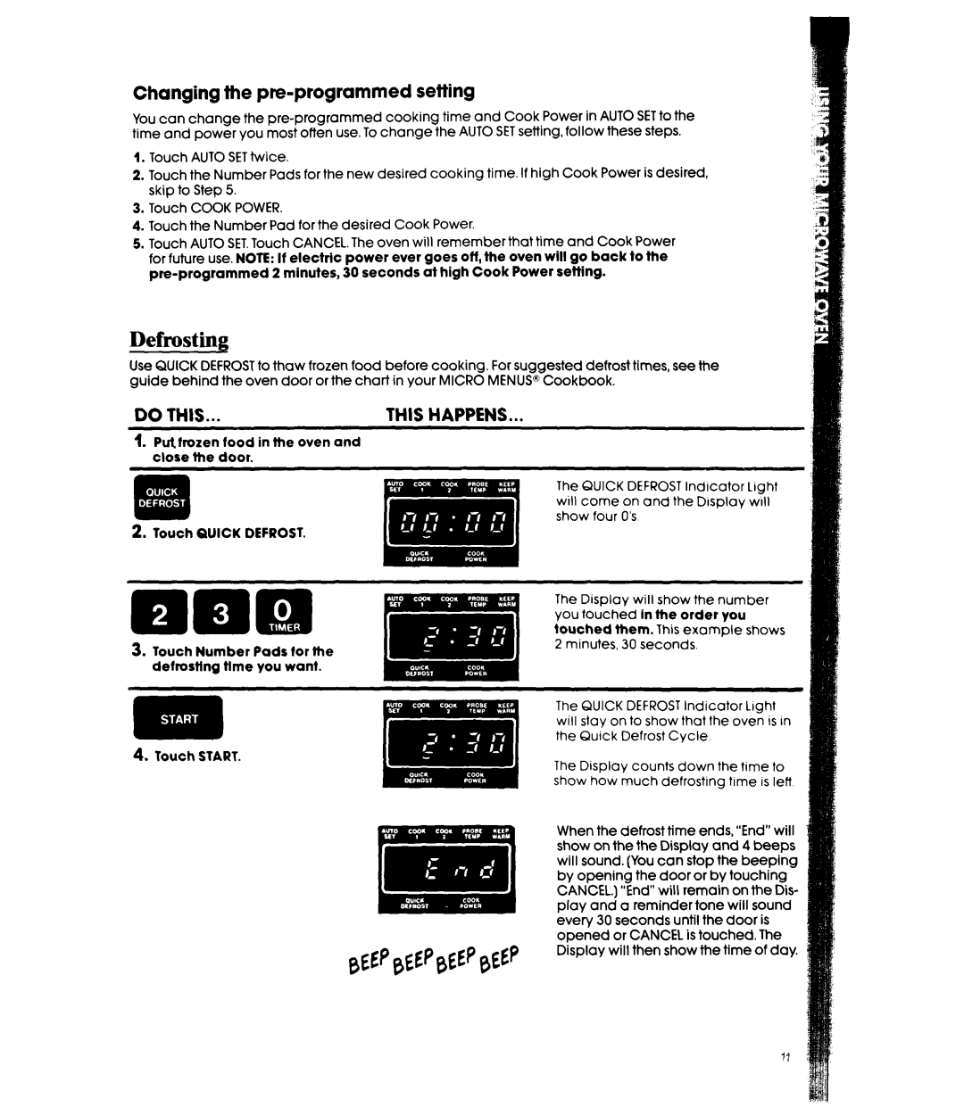 Whirlpool MW3600XW, MW3601XW manual Defrosting, Changing the pre-programmed setting, Close 