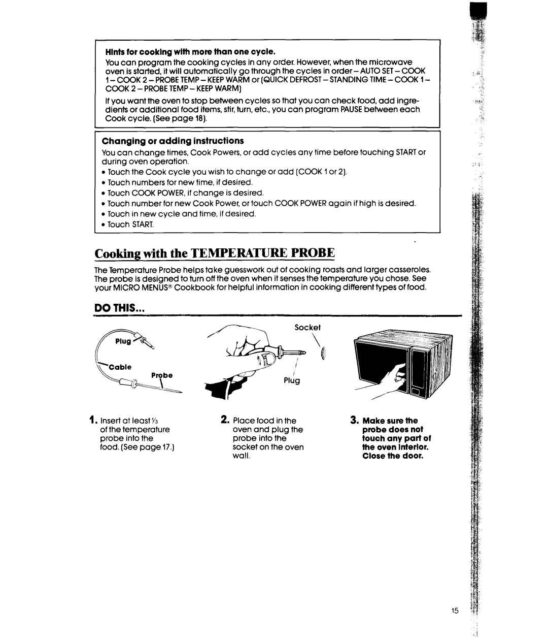 Whirlpool MW3600XW, MW3601XW manual Cooking with the Temperature Probe, Hints for cooklng with more than one cycle 