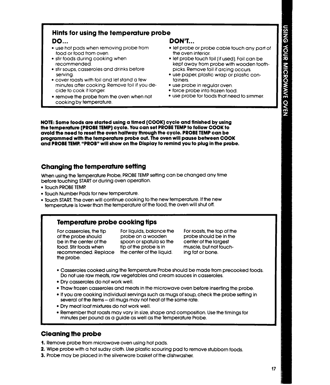 Whirlpool MW3600XW Hints for using the temperuture probe, Don’T, Changing the temperature Setting, Cleaning the probe 