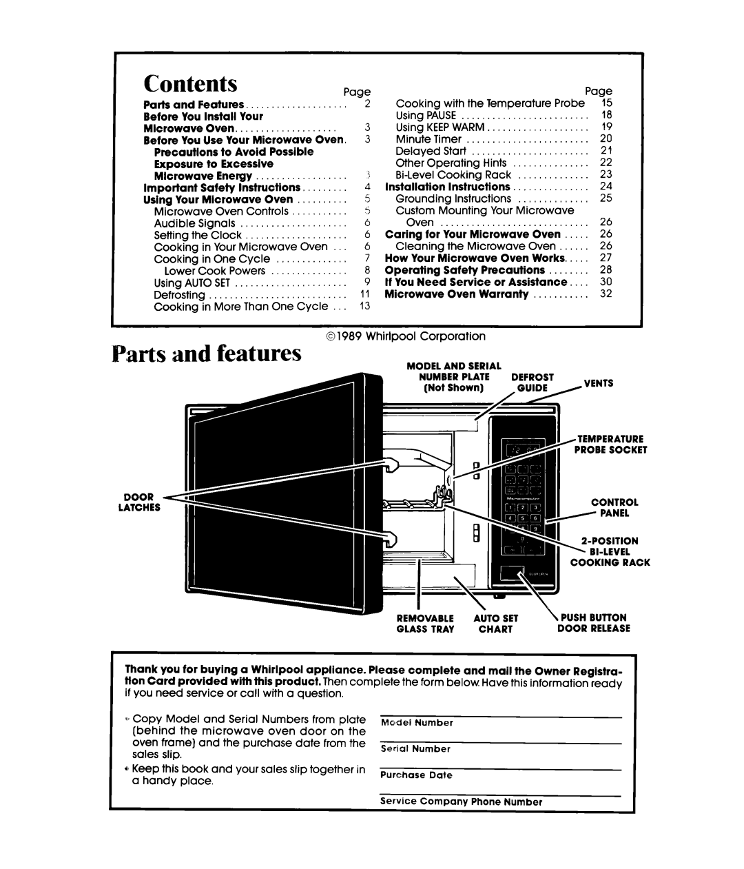 Whirlpool MW3601XW, MW3600XW manual Contents, Arts and features 