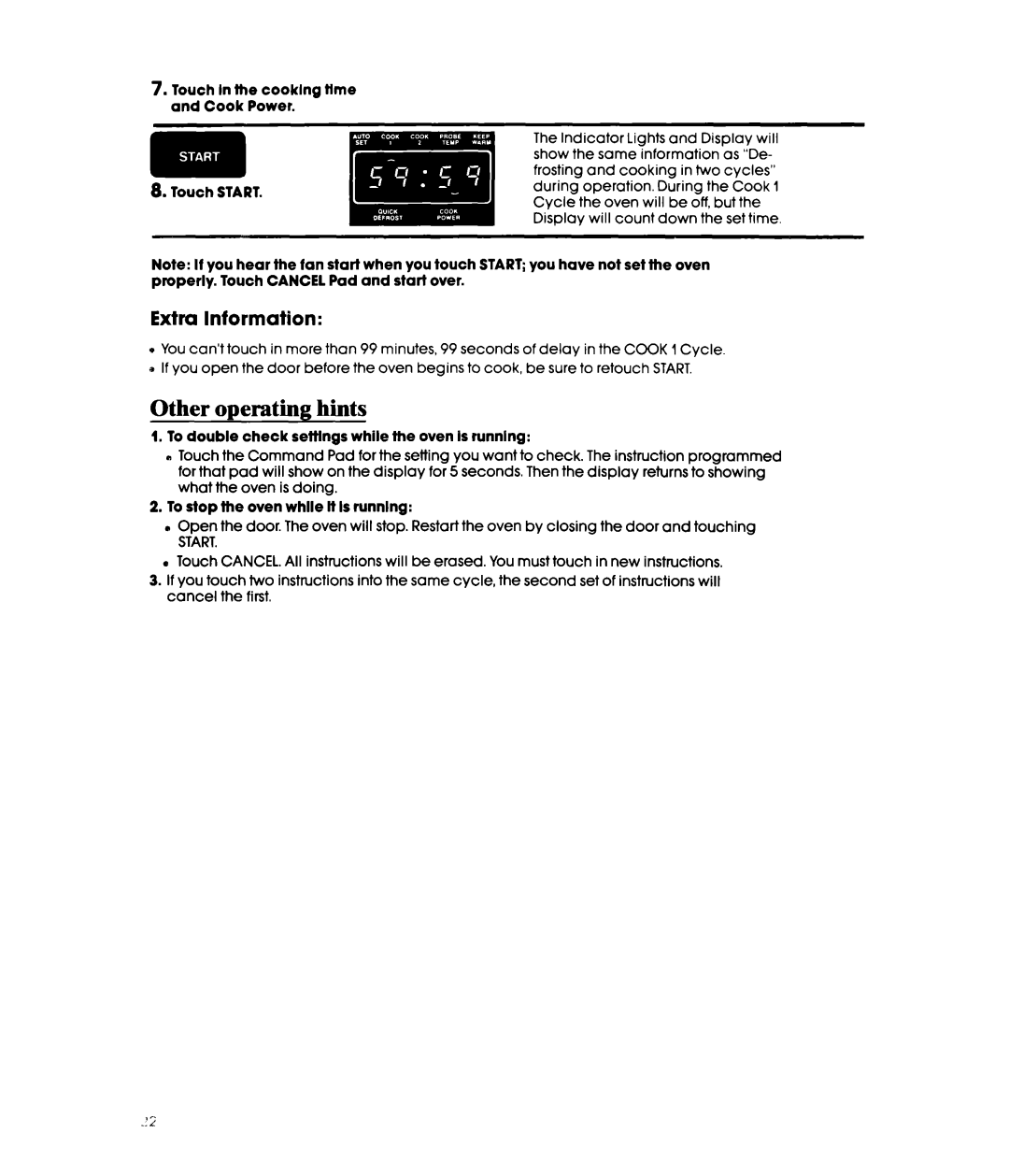 Whirlpool MW3601XW Other operating hints, Extra Information, Ttme, To double check sefflngs while the oven Is running 