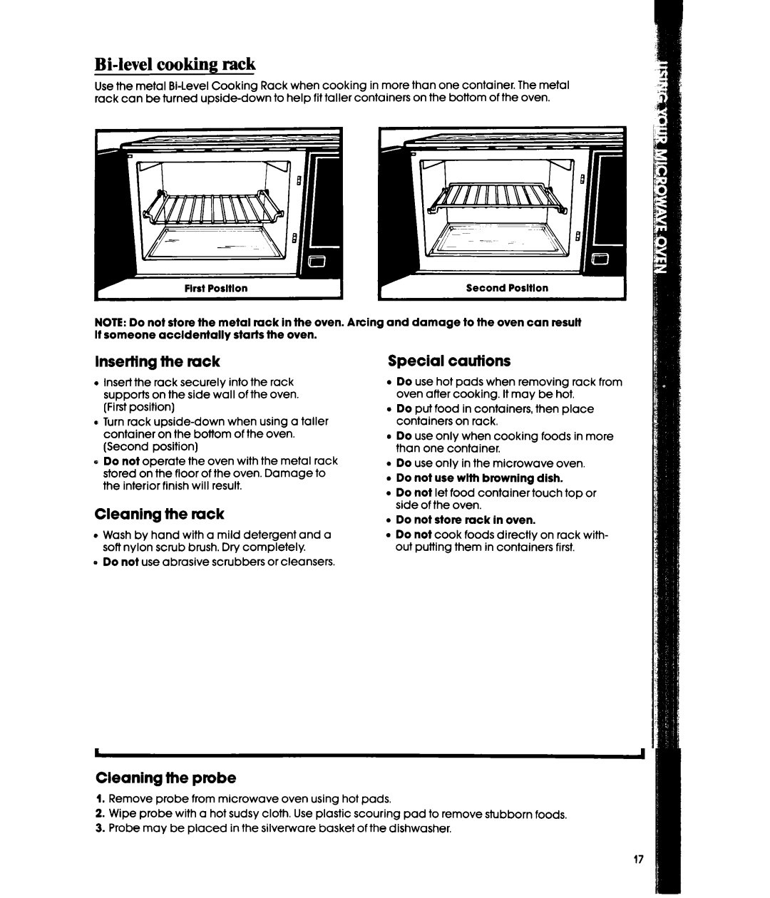 Whirlpool MW3600XW, MW3601XW manual Bi-level cooking rack, Inserting the rack, Cleaning the rack, Special cautions 