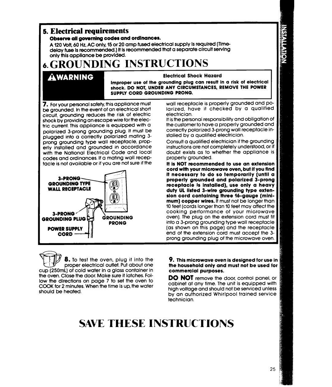 Whirlpool MW3600XW, MW3601XW manual Grounding Instructions, Electrical requirements 