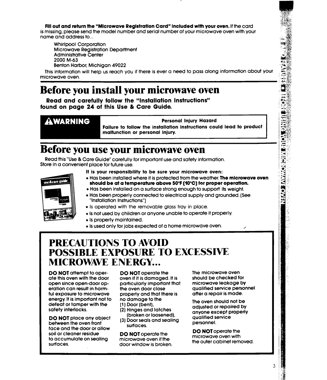 Whirlpool MW3600XW, MW3601XW manual Before you install your microwave oven, Before you use your microwave oven 