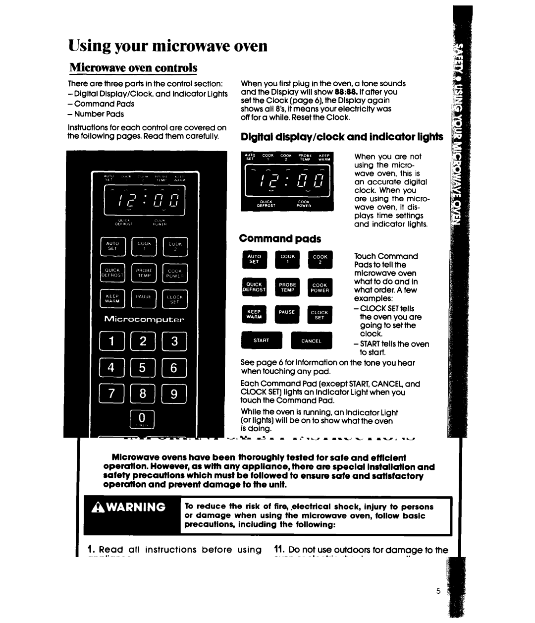 Whirlpool MW3600XW Using your microwave oven, Microwave oven controls, Dlgttal display/clock and indicator, Command pads 