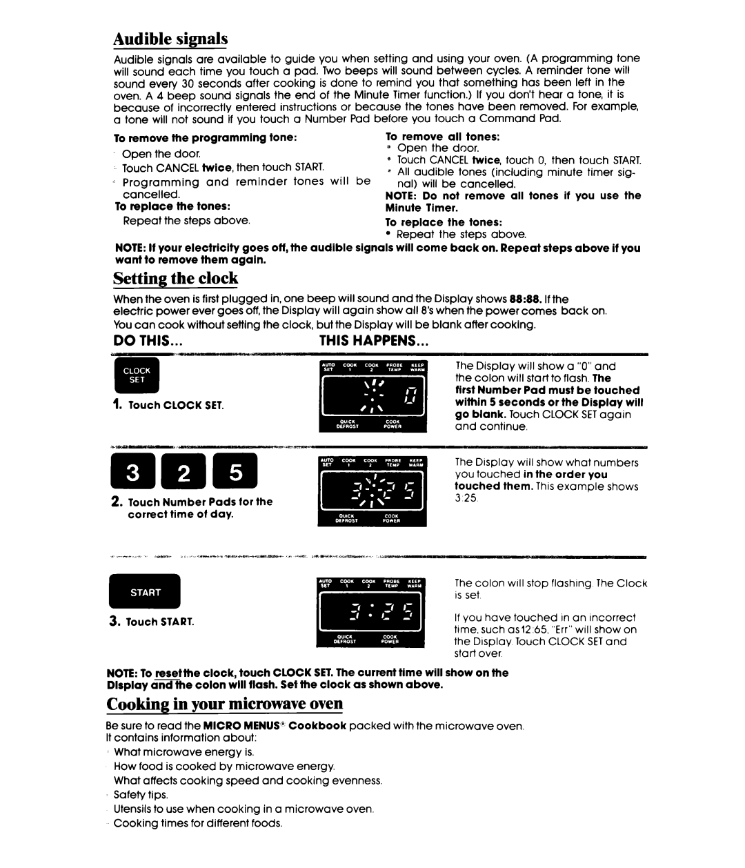 Whirlpool MW3601XW, MW3600XW manual Audible signals, Setting the clock, Cooking in your microwave oven 