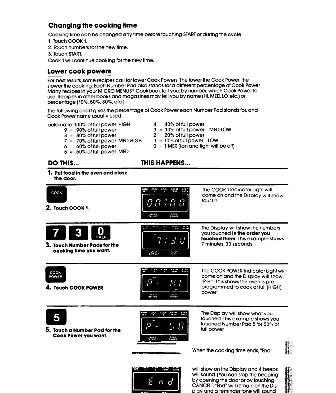 Whirlpool MW3601XW, MW3600XW manual Changing the cooking time, Lower cook powers, Put food in the oven and close the door 