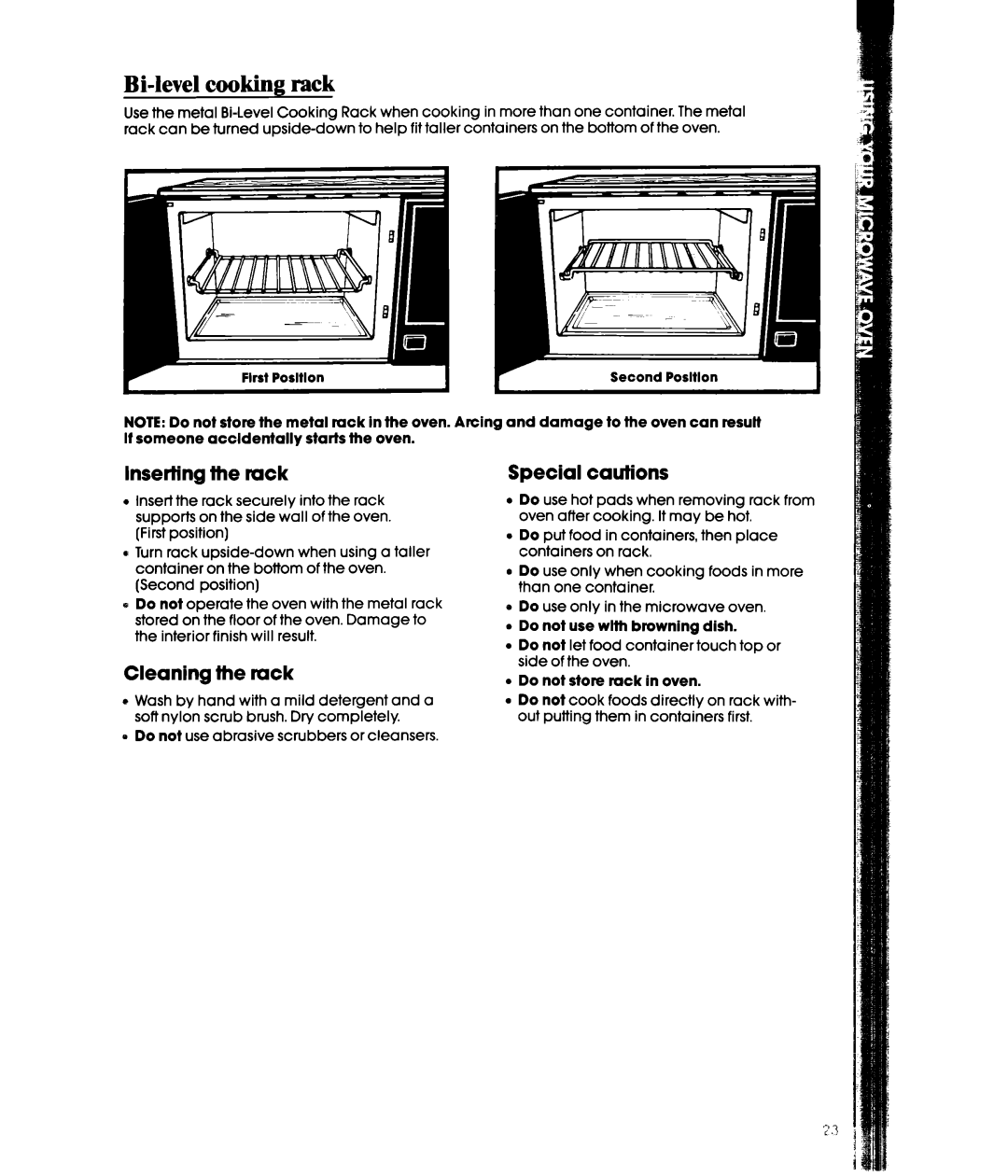 Whirlpool MW3600XW, MW3601XW manual Bi-levelcooking rack, Inserting the rack, Cleaning the rack, Special cautions 