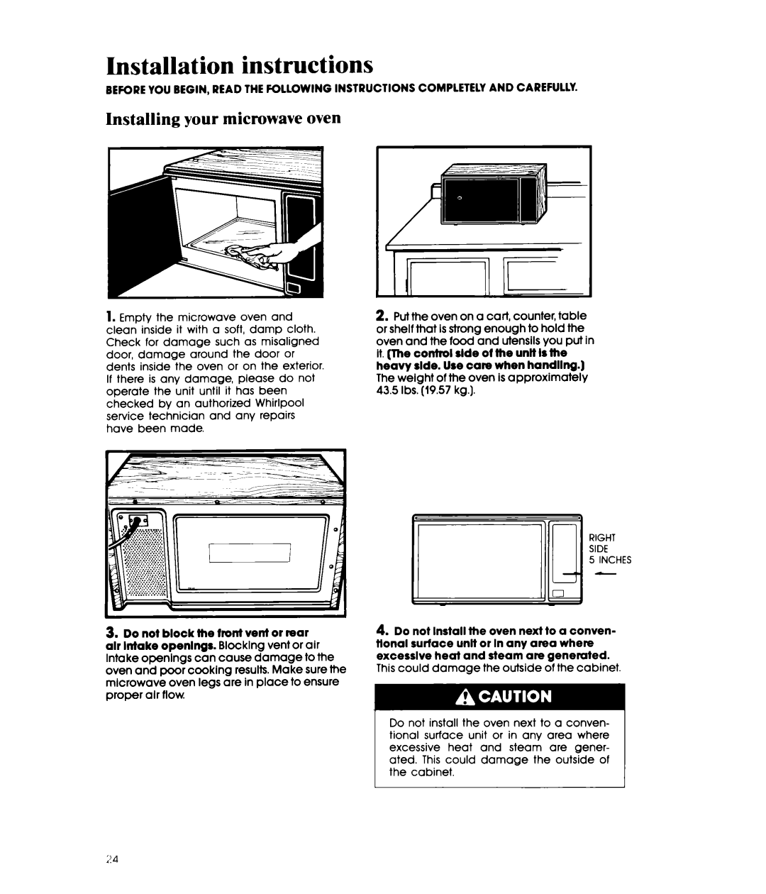 Whirlpool MW3601XW, MW3600XW manual Installation instructions, Installing your microwave oven 