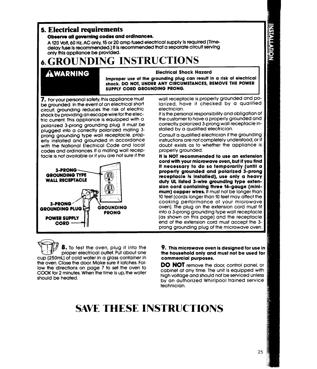 Whirlpool MW3600XW, MW3601XW manual Grounding Instructions, Save These Instructions, Electrical requirements 
