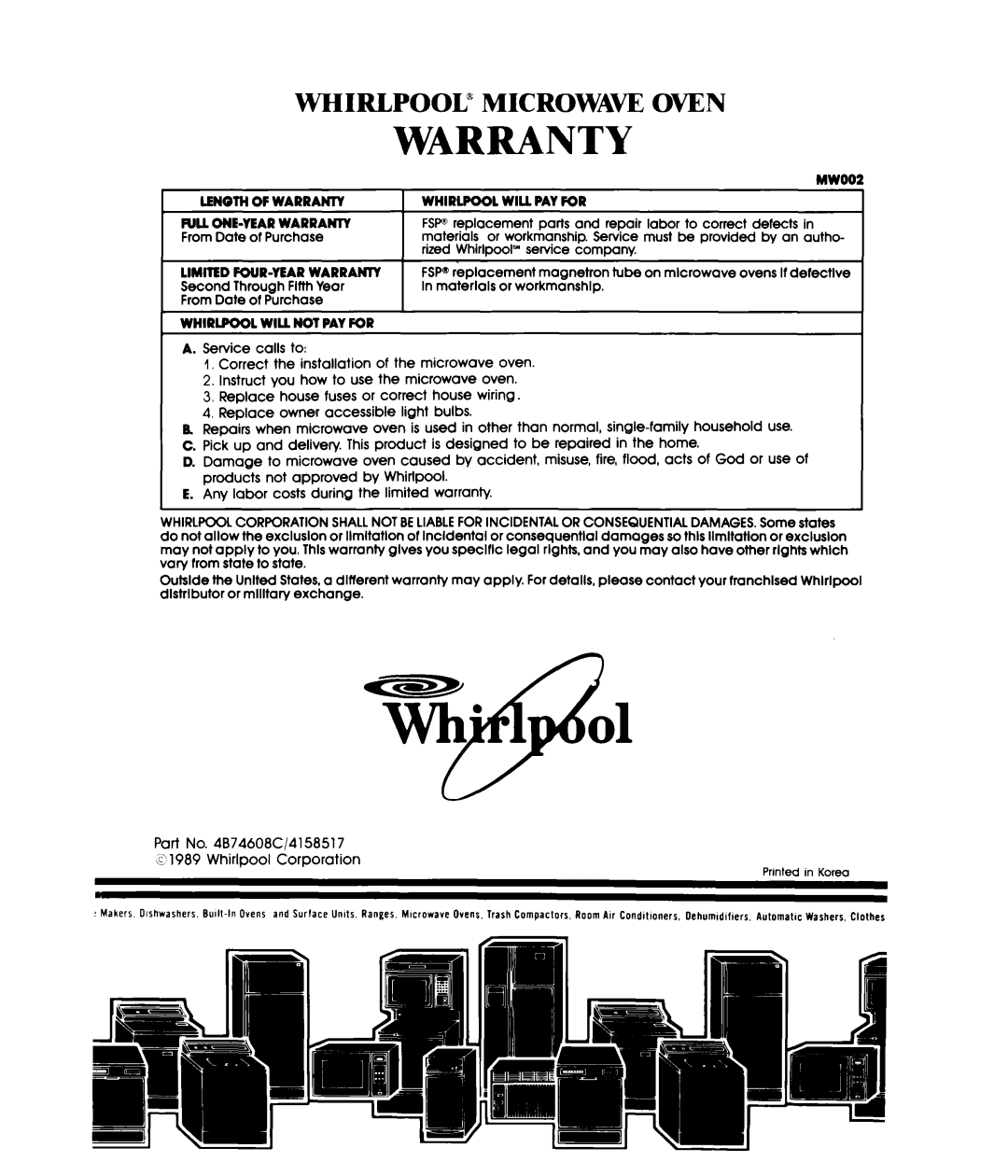 Whirlpool MW3601XW, MW3600XW manual Microwaw, Oven, Warranty, Whirlpool” 