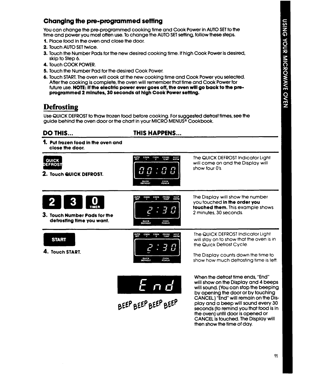 Whirlpool MW36OOXS manual Defrosting, Changlng the pre-programmed setiing, Micro 