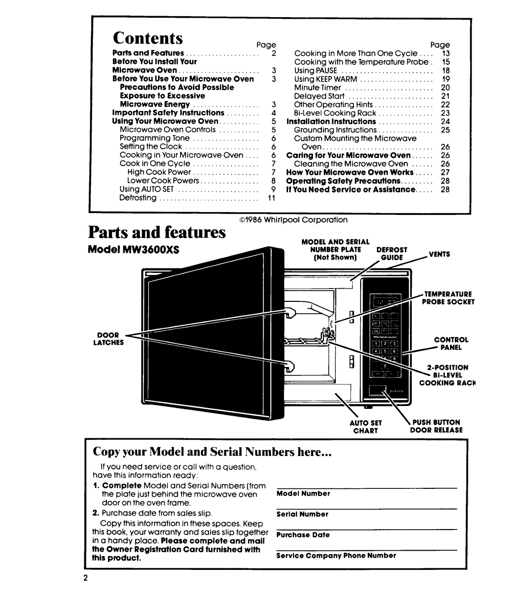 Whirlpool MW36OOXS manual Contents, Parts and features 