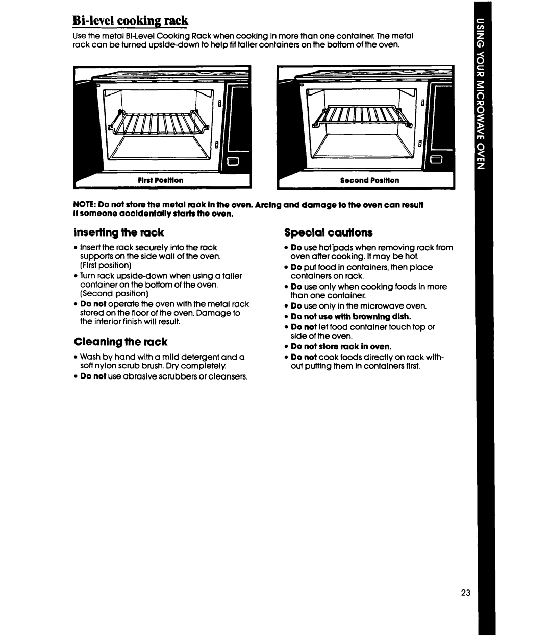 Whirlpool MW36OOXS manual Bi-level cooking rack, Inserting the rack, Cleaning the rack, Special cautions 