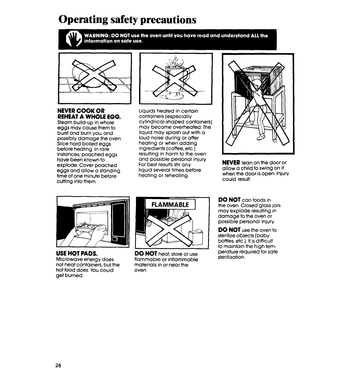 Whirlpool MW36OOXS manual Operating safety precautions, Nevercook or Reheata Whole EGG 