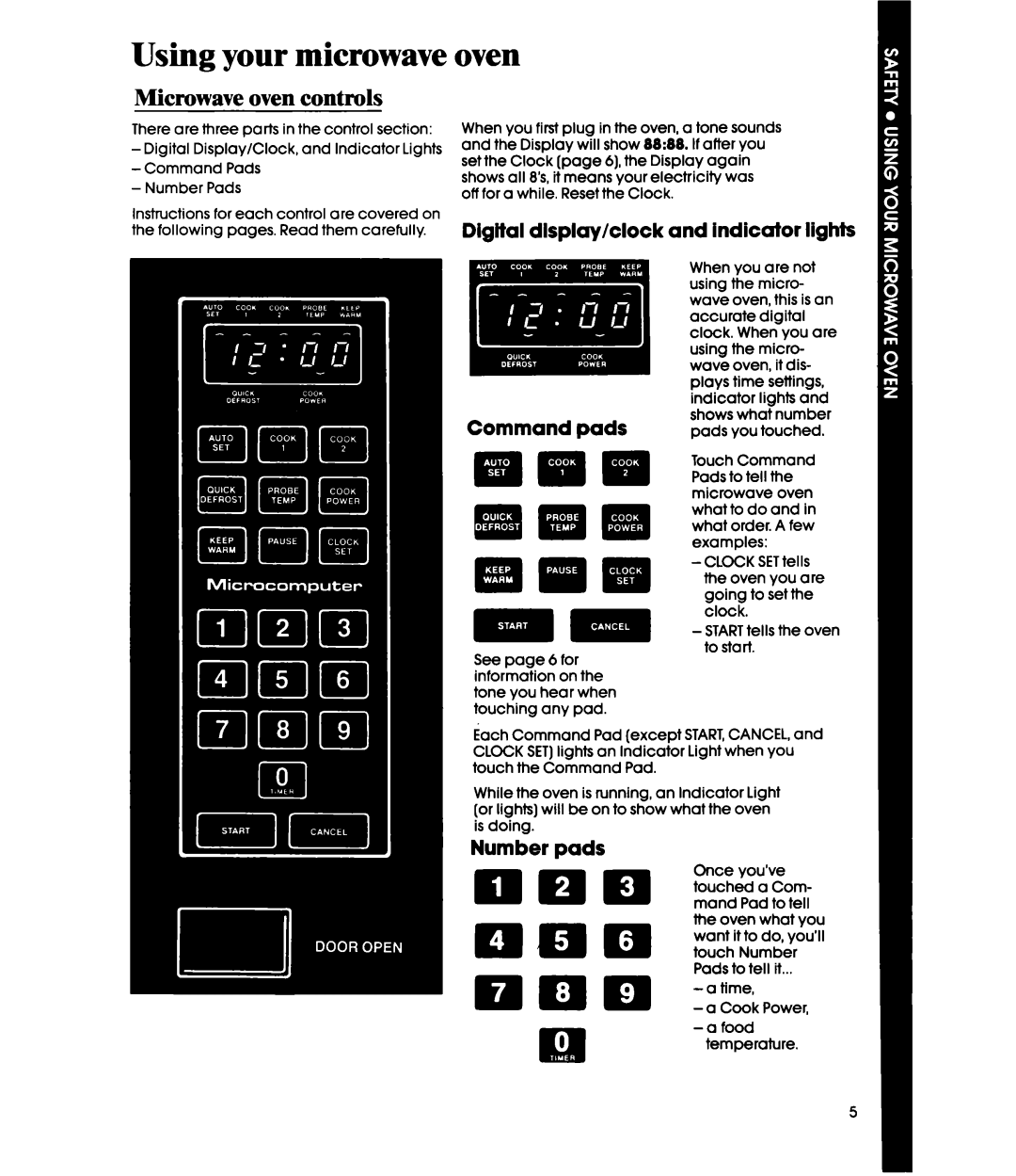 Whirlpool MW36OOXS Using your microwave oven, Microwave oven controls, Digital display/clock Command pads Mmm, Number pads 