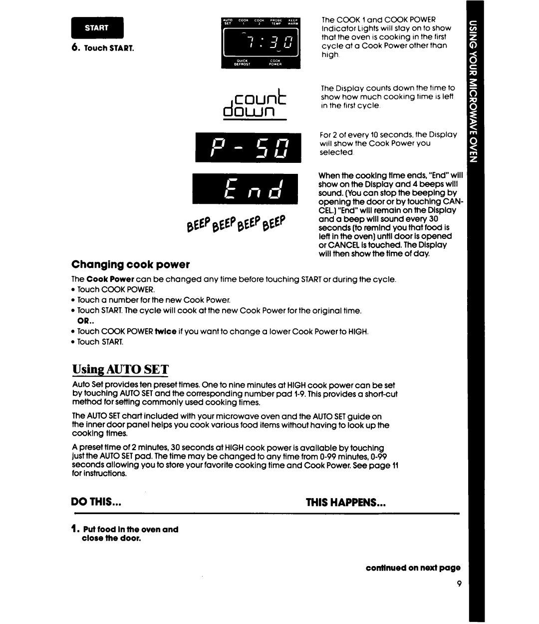 Whirlpool MW36OOXS manual Using Auto SET, Changing cook power 