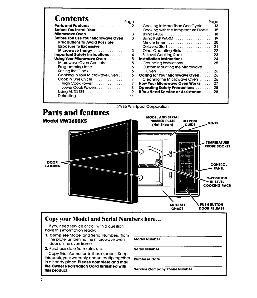 Whirlpool MW36OOXS manual Contents, Parts and features, Copy your Model and Serial Numbers here 