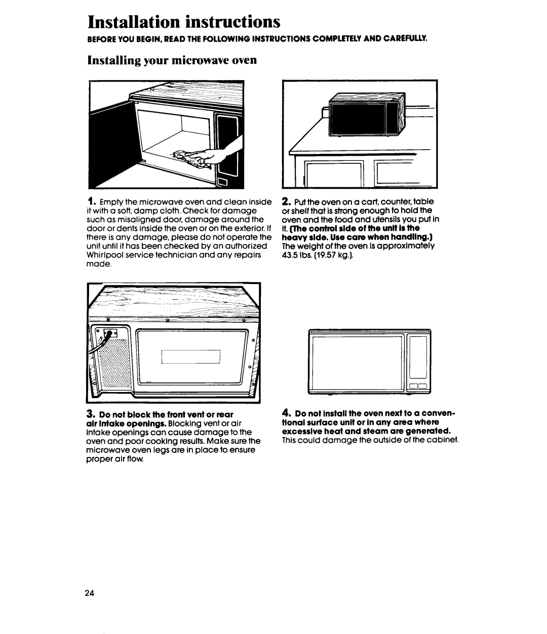 Whirlpool MW36OOXS manual Installation instructions, Installing your microwave oven 