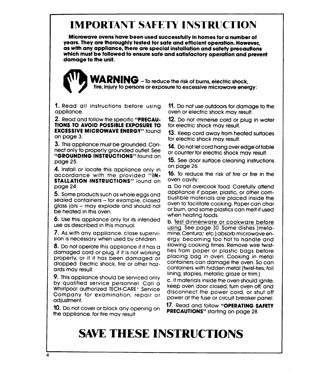 Whirlpool MW36OOXS manual Save These Instructions, Important Safety Instruction 