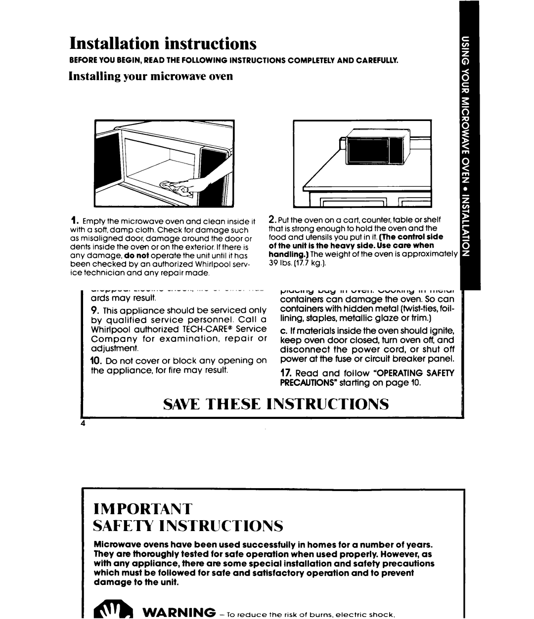 Whirlpool MW3OOOXP manual Installation instructions, Installing your microwave oven 