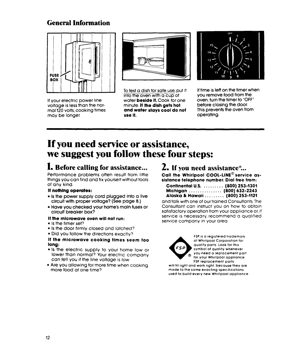 Whirlpool MW3OOOXP manual If you need service or assistance, we suggest you follow these four steps, General Information 