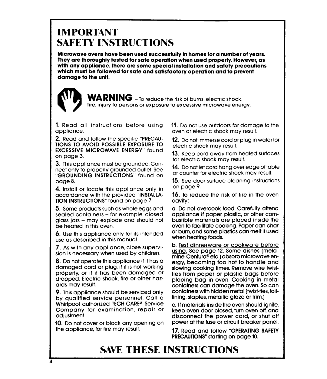 Whirlpool MW3OOOXP manual Safety Instructions, Save These Instructions 