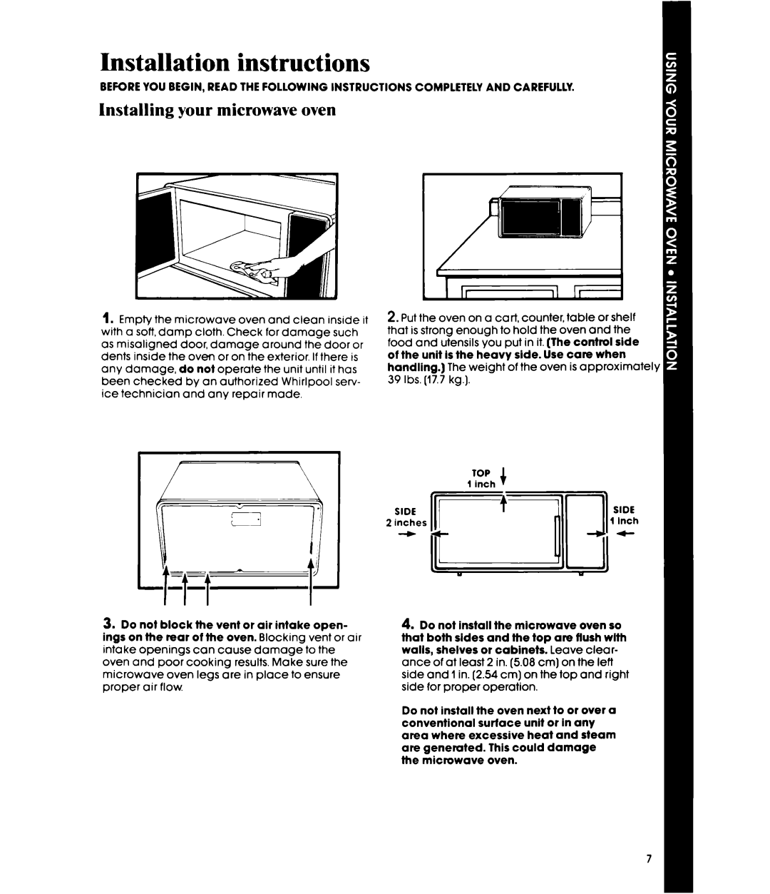 Whirlpool MW3OOOXP manual Installation instructions, Installing your microwave oven 