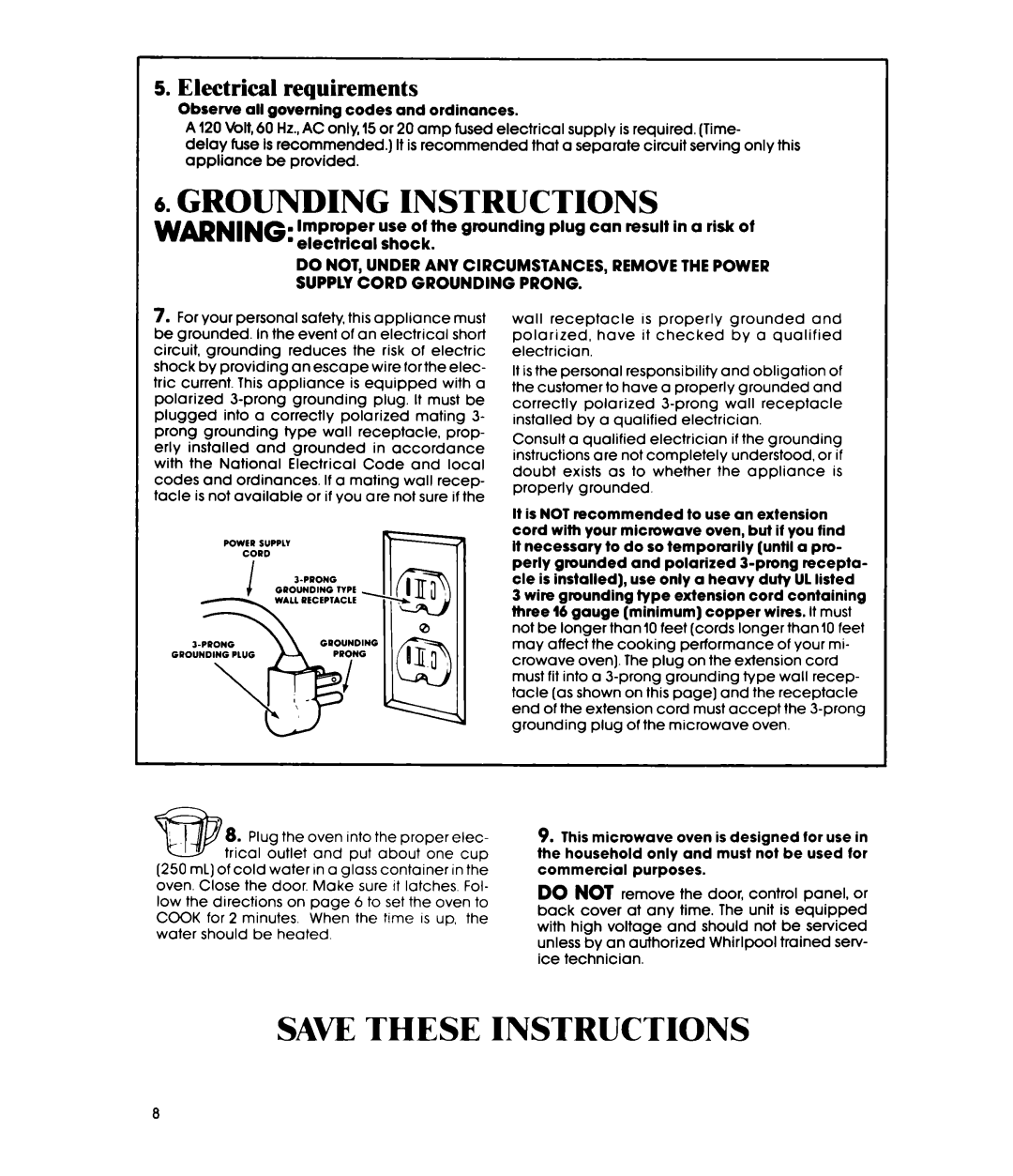 Whirlpool MW3OOOXP Save These Instructions, Improper, use of the grounding plug can result in a risk of, ’ electrical 