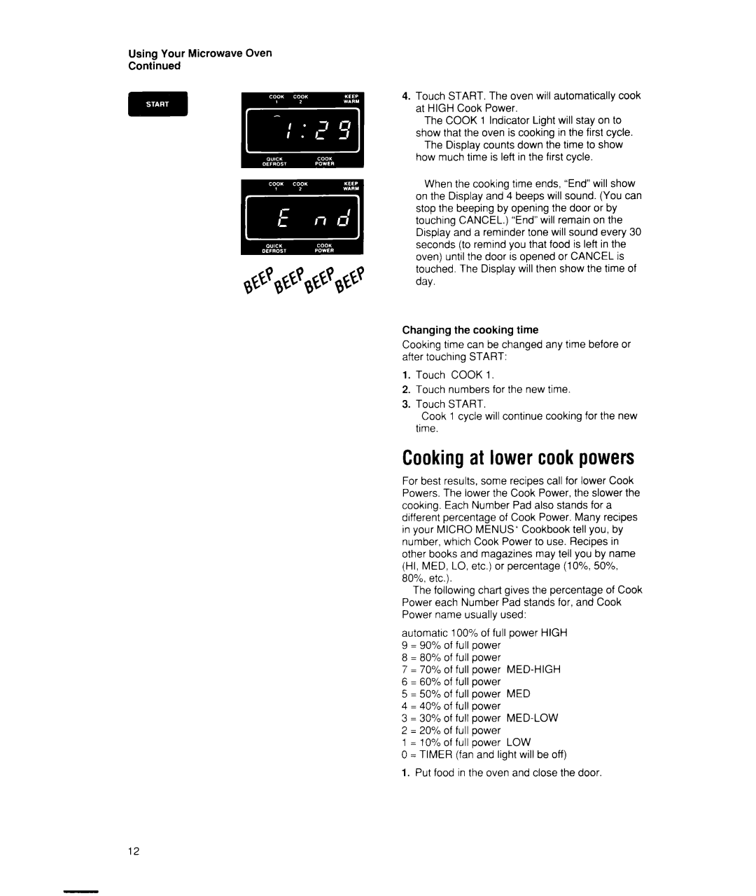 Whirlpool MW7400XW manual Cooking at lower cook powers 